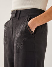 Hayley Embroidered Linen Blend Pants, Black (BLACK), large
