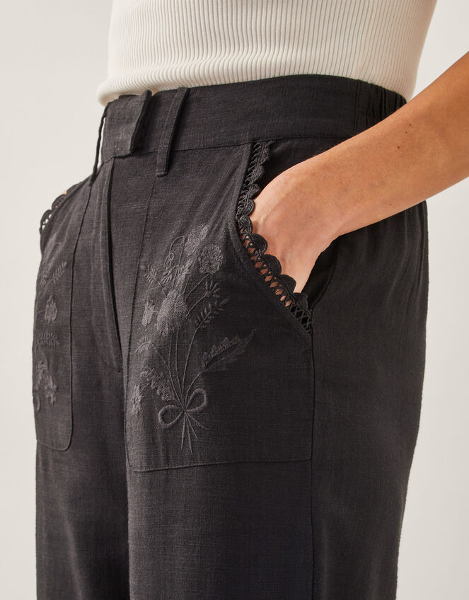 Hayley Embroidered Linen Blend Pants, Black (BLACK), large