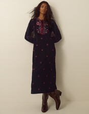 Agnes Long Sleeve Embroidered Velvet Midi Dress, Black (BLACK), large