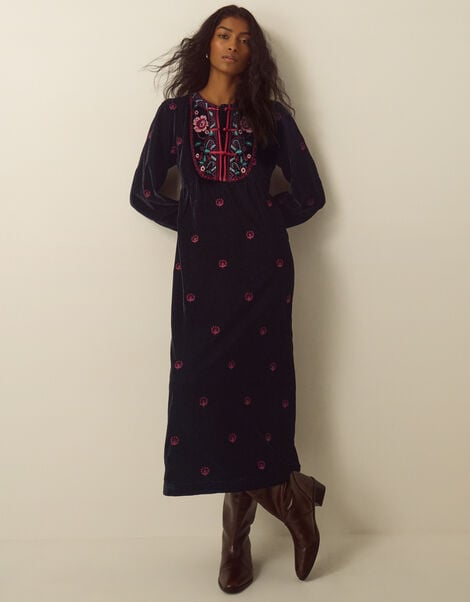 Agnes Long Sleeve Embroidered Velvet Midi Dress, Black (BLACK), large