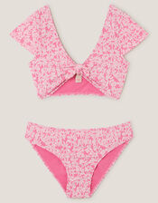 Floral Jacquard Short Sleeve Bikini Set, Pink (PINK), large