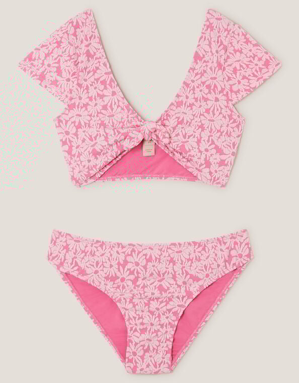 Floral Jacquard Short Sleeve Bikini Set, Pink (PINK), large