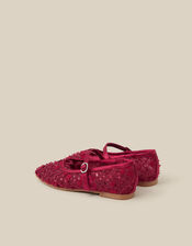 Flower Sparkle Mesh Ballet Flats, Red (BURGUNDY), large