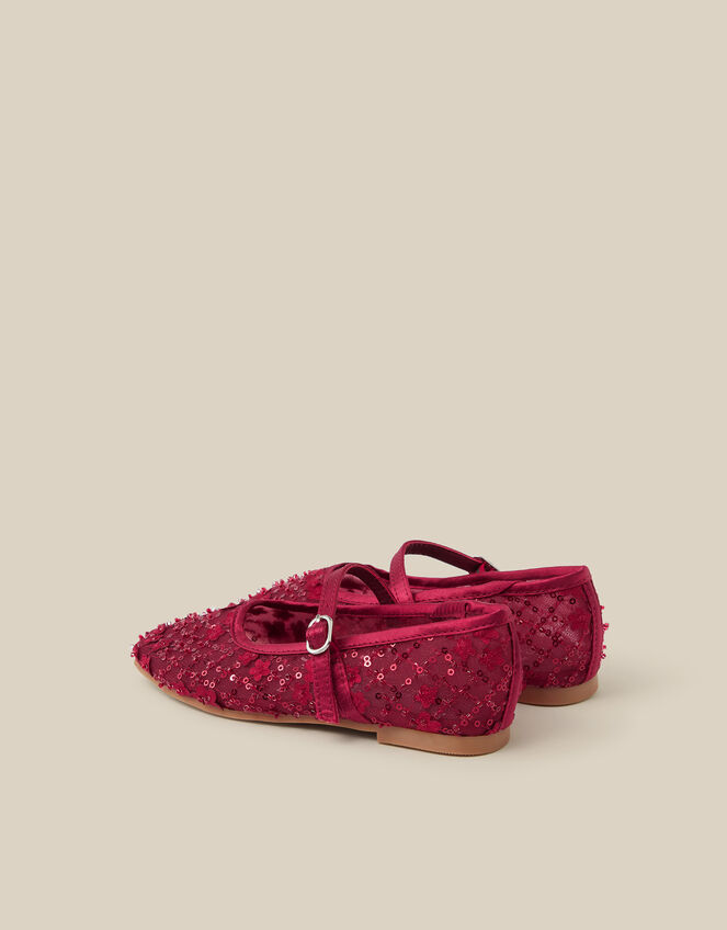 Flower Sparkle Mesh Ballet Flats, Red (BURGUNDY), large