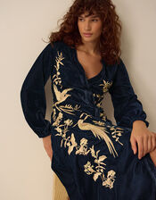 Clemence Florentinie Long Sleeve Embroidered Velvet Midi Dress, Blue (BLUE), large