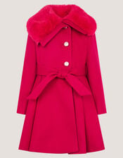 Faux Fur Collar Belted Coat, Red (RED), large