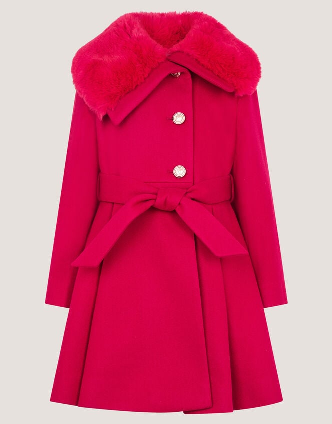 Faux Fur Collar Belted Coat, Red (RED), large