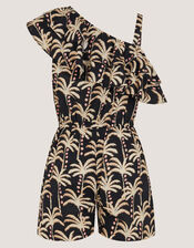 One-Shoulder Palm Print Frill Playsuit, Black (BLACK), large