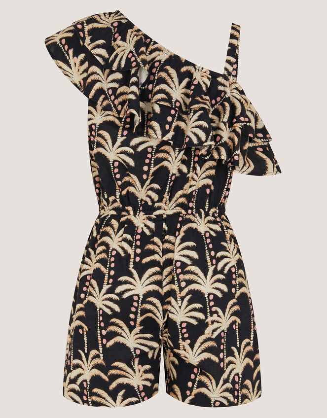 One-Shoulder Palm Print Frill Playsuit, Black (BLACK), large