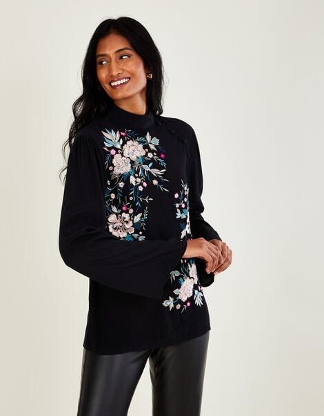 Mary Embroidered Top in Sustainable Viscose Black, Black (BLACK), large