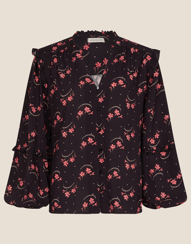 Safa Floral Ruffle Sleeve Blouse, Black (BLACK), large