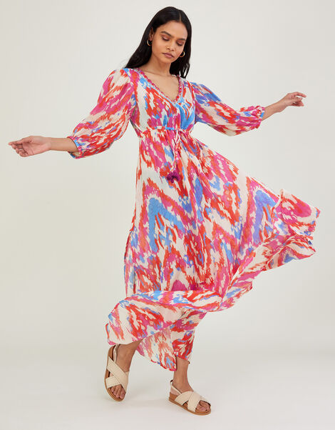 Ikat Print Maxi Dress in Sustainable Cotton, Pink (PINK), large