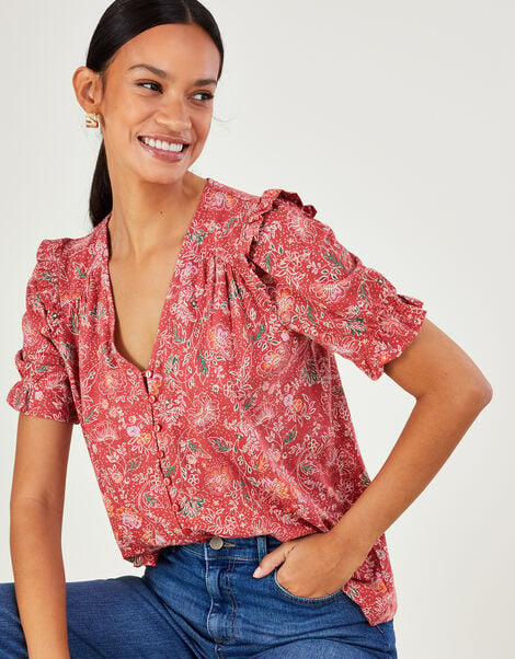 Puff Sleeve Floral Jersey Top with Sustainable Cotton, Red (RED), large