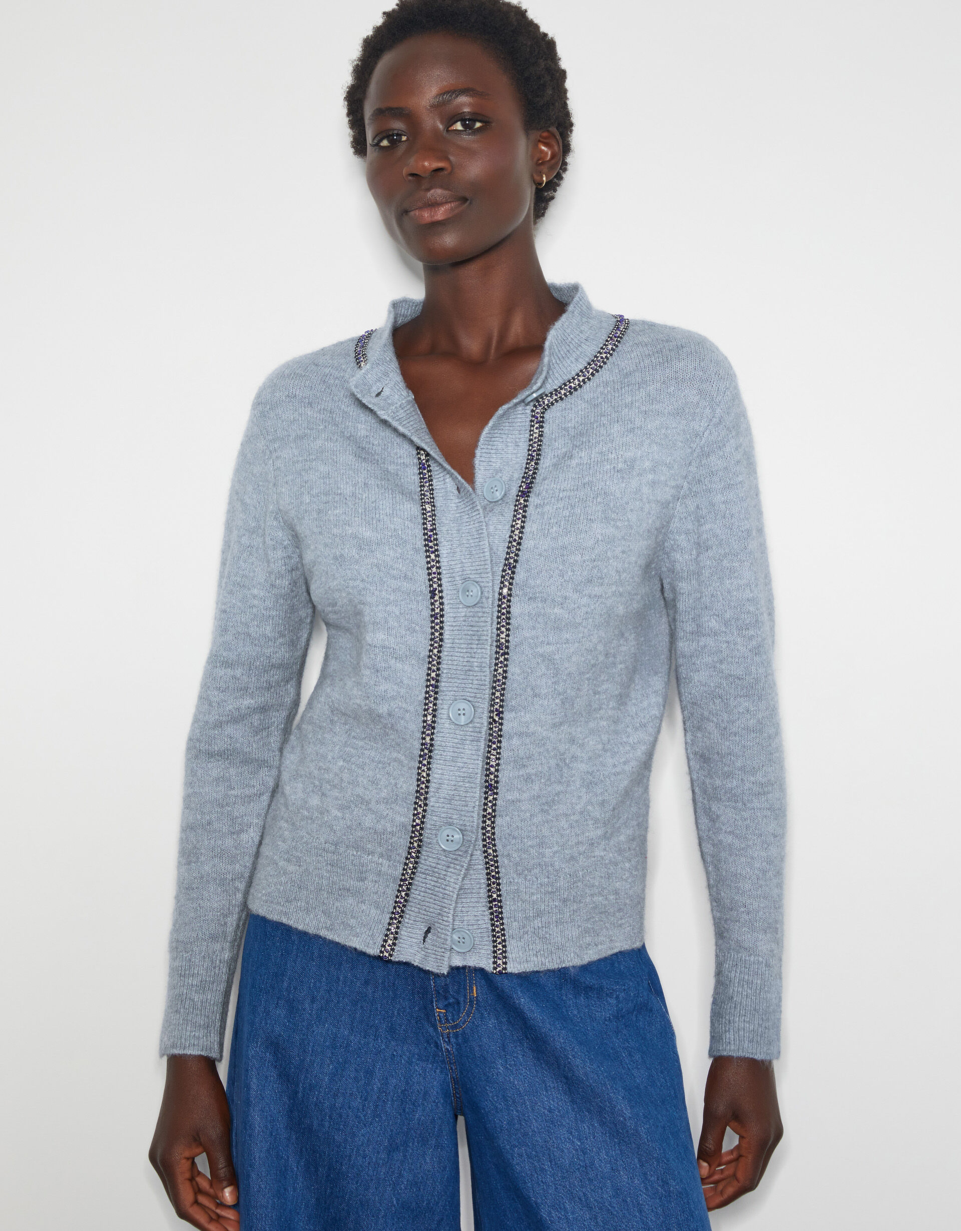 Tate Gemstone Trim Cardigan Blue