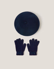 Bow Wool Beret & Gloves Set, Blue (NAVY), large