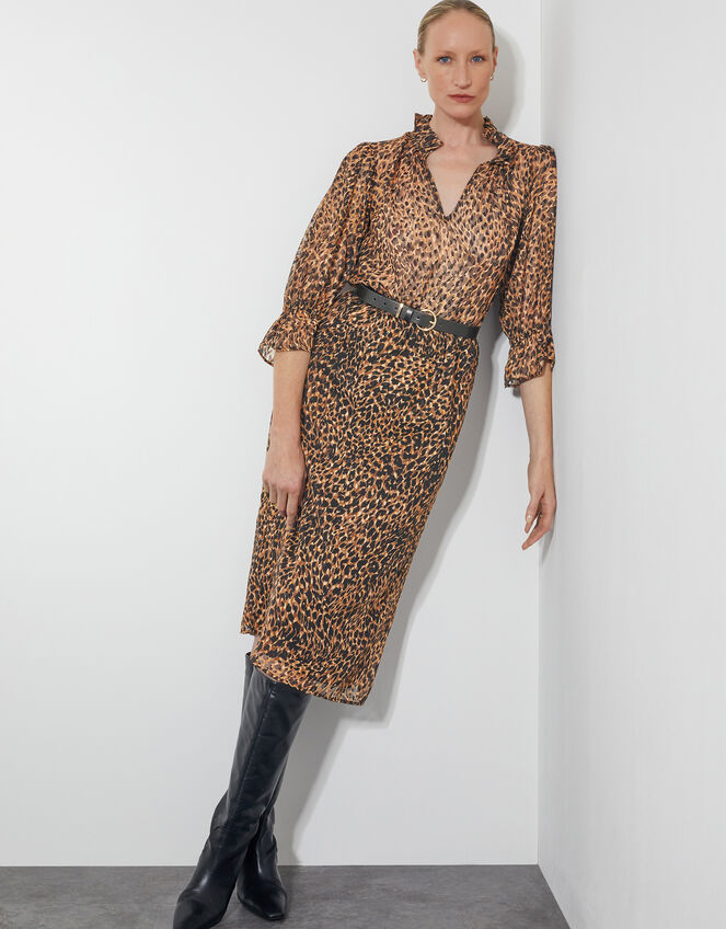 Liza Leopard Print Midi Skirt, Brown (BROWN), large