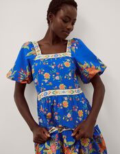 Mona Puff Sleeve Floral Midi Dress, Blue (COBALT), large