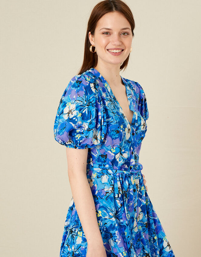 Floral Print V-Neck Shirt Dress , Blue (BLUE), large