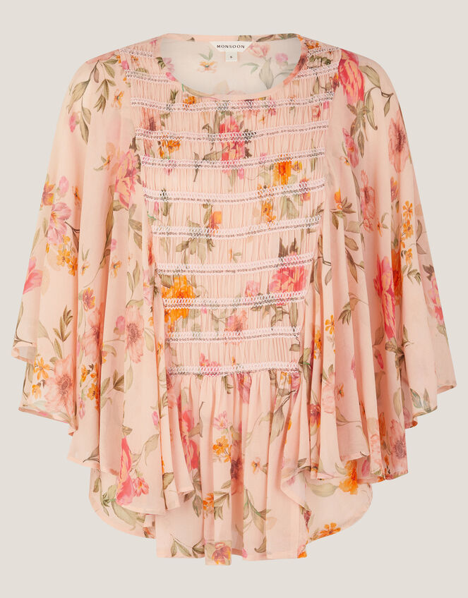 Cassia Shirred Floral Print Blouse, Nude (NUDE), large