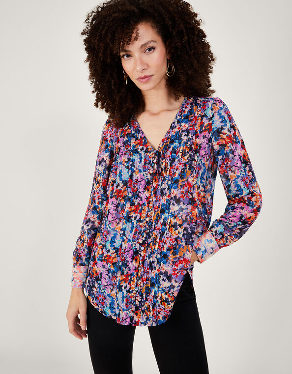 Palmer Print Pleated Blouse in Sustainable Viscose, Ivory (IVORY), large