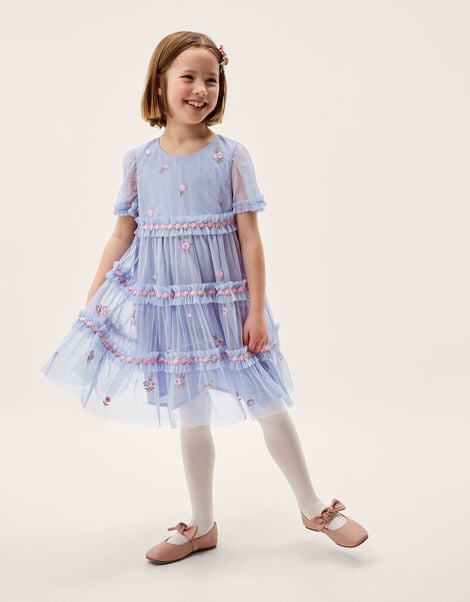 Floral Embroidered Floral Tulle Tier Dress, Blue (BLUE), large