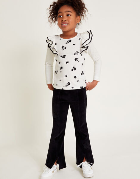 Floral Velour Flare Leggings, Black (BLACK), large