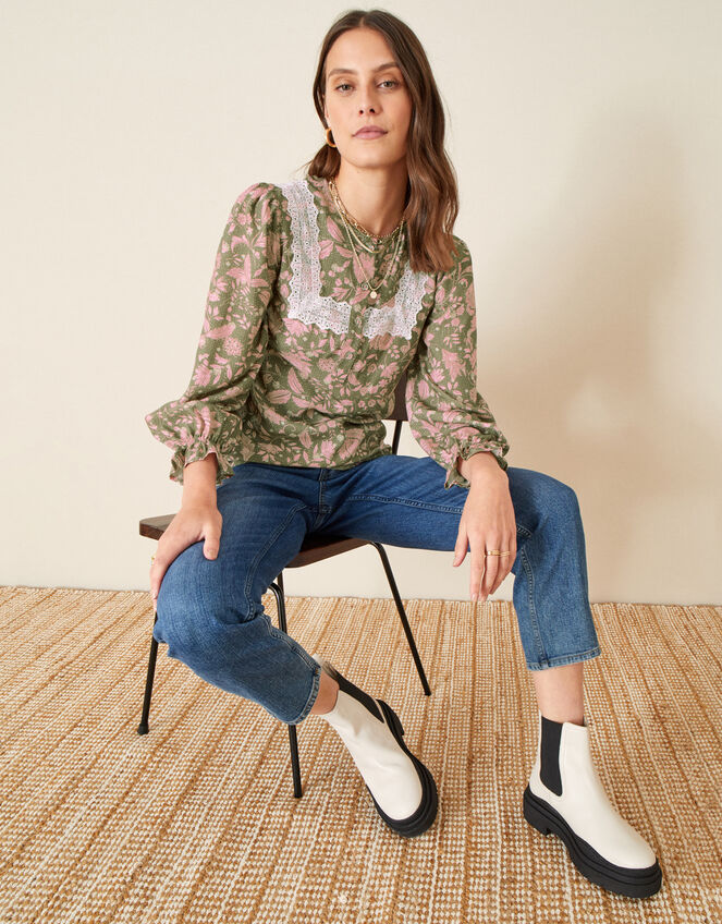 Linie Lace Floral Print Blouse, Green (KHAKI), large
