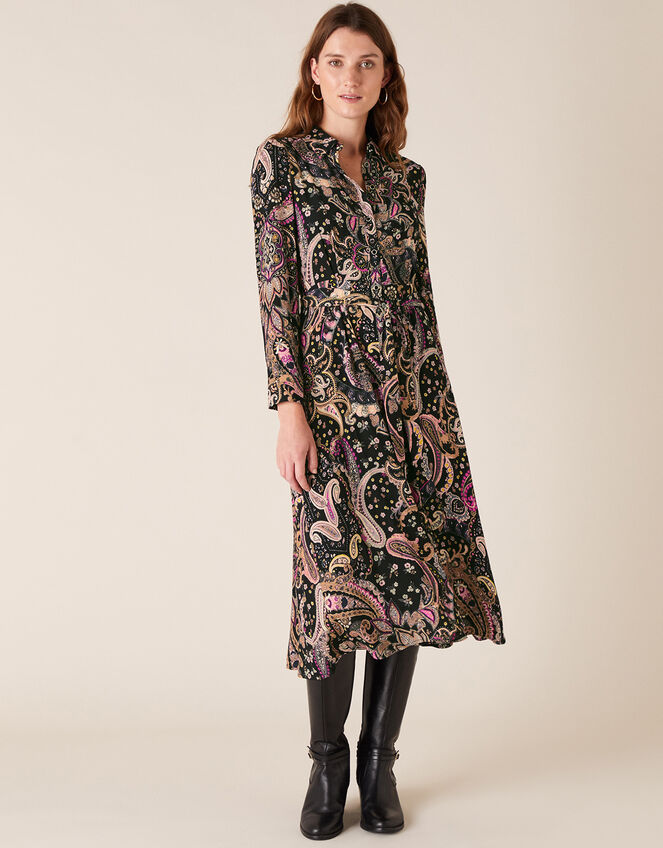 Paisley Shirt Dress with Sustainable Viscose, Black (BLACK), large