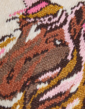 Intarsia Horse V-Neck Cardigan, Camel (OATMEAL), large