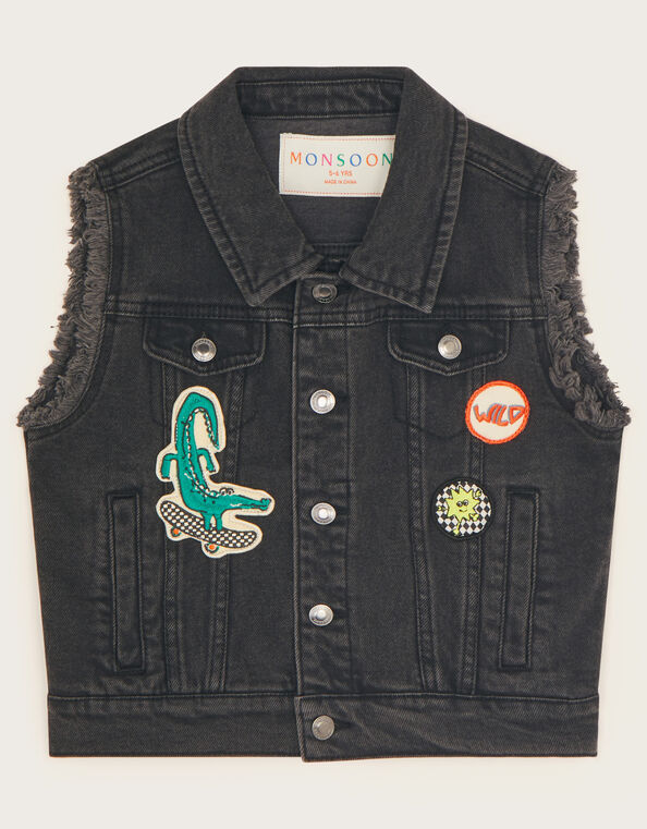 Badge Denim Vest, Black (BLACK), large