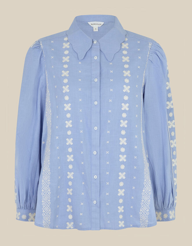 Felicity Long Sleeve Embroidered Cotton Shirt, Blue (BLUE), large