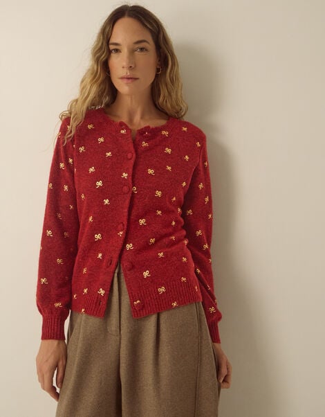 Fee Foil Bow Crew Neck Cardigan, Red (BURGUNDY), large