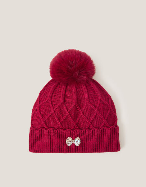 Bow Pom-Pom Beanie Hat, Red (RED), large
