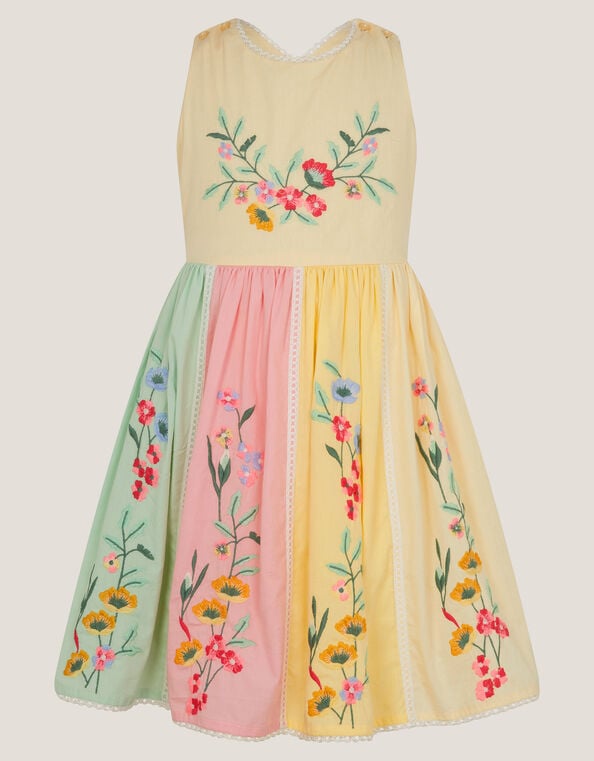 Camellia Floral Embroidered Cross Back Dress, Yellow (YELLOW), large