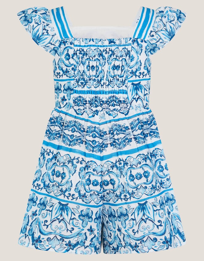 Calista Floral Print Frilly Playsuit, Blue (BLUE), large