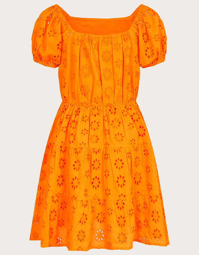 Broderie Puff Sleeve Dress, Orange (ORANGE), large