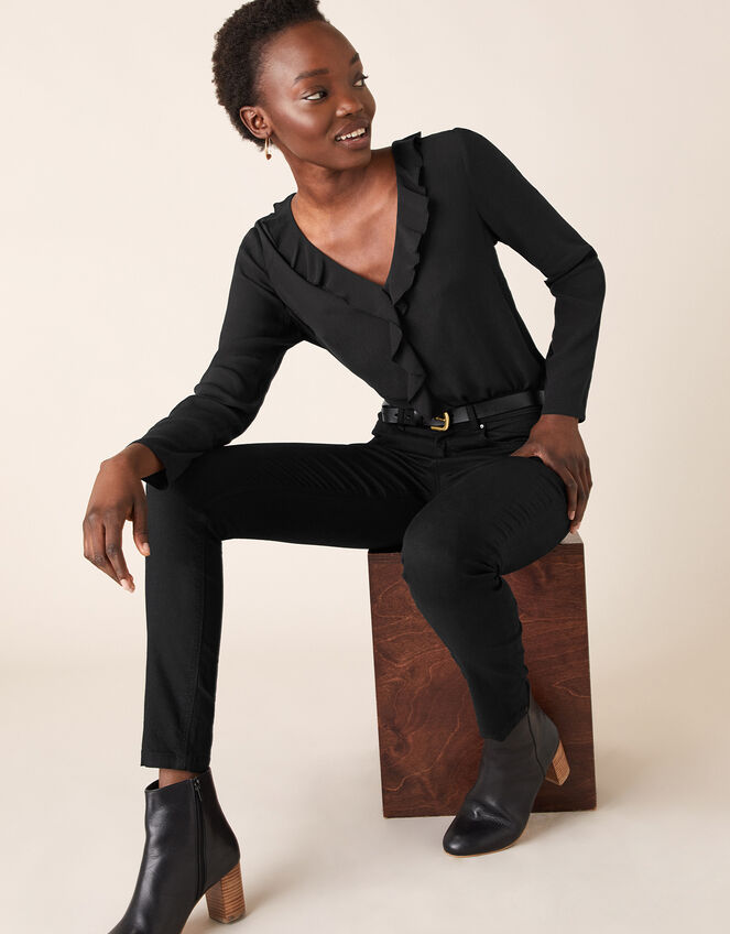 Ruffle Long Sleeve Blouse with LENZING™ ECOVERO™, Black (BLACK), large
