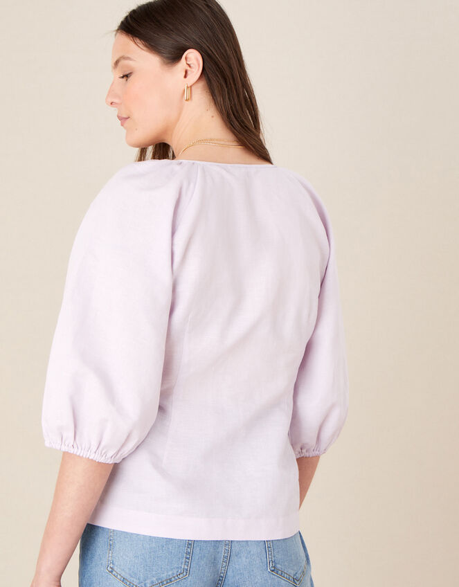 Tie Front Blouse in Linen Blend, Purple (LILAC), large