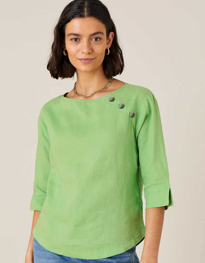 Rosewood Longline T-Shirt in Pure Linen, Green (GREEN), large