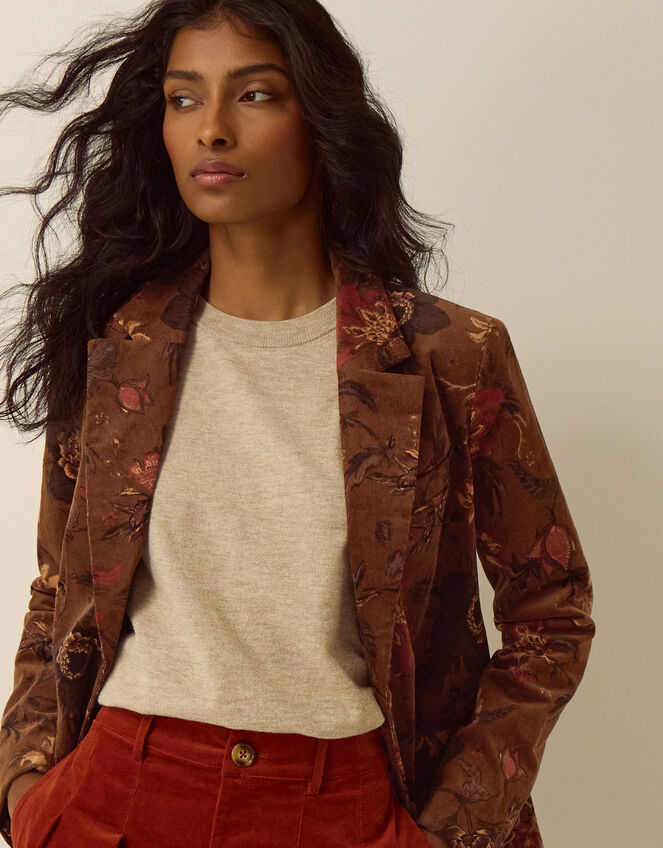 Princella Floral Corduroy Blazer, Brown (BROWN), large