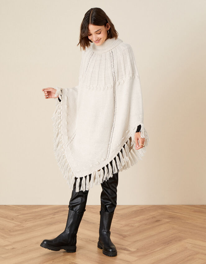 Tassel Cable Knit Poncho , , large