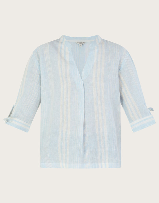 Pintuck Stripe Top in Linen Blend, Blue (BLUE), large