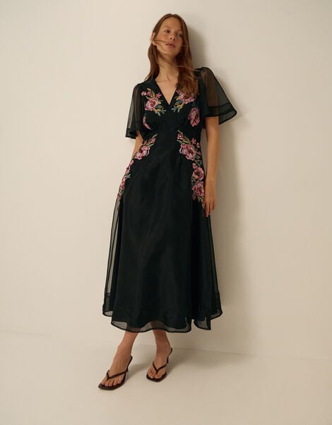 Felicity Floral Embroidered Midi Dress, Black (BLACK), large