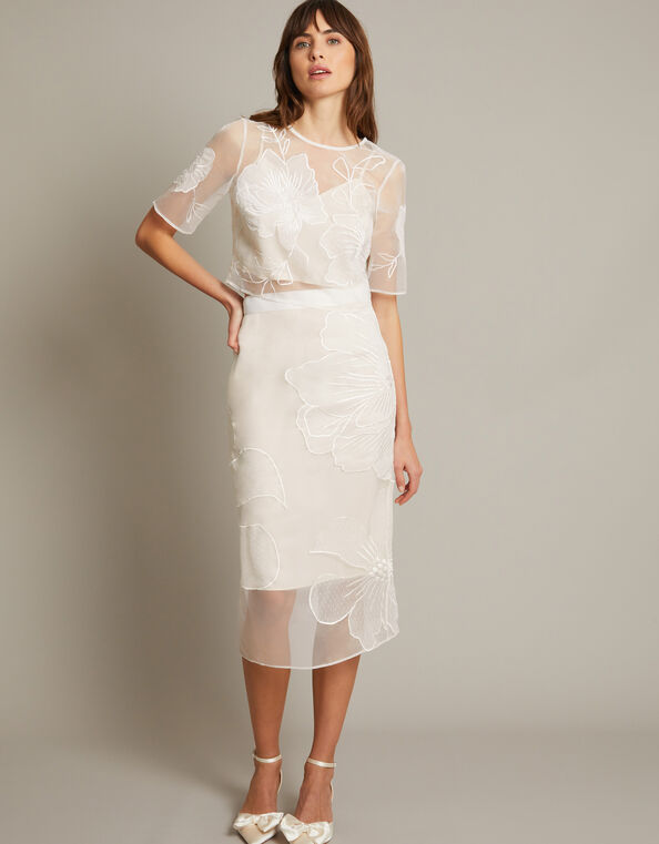 Rosa Embroidered Floral Pencil Bridal Skirt, Ivory (IVORY), large