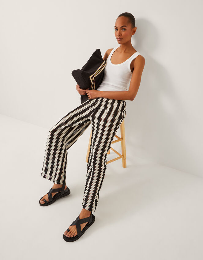 Cleo Crochet Stripe Wide Leg Trousers, Black (BLACK), large