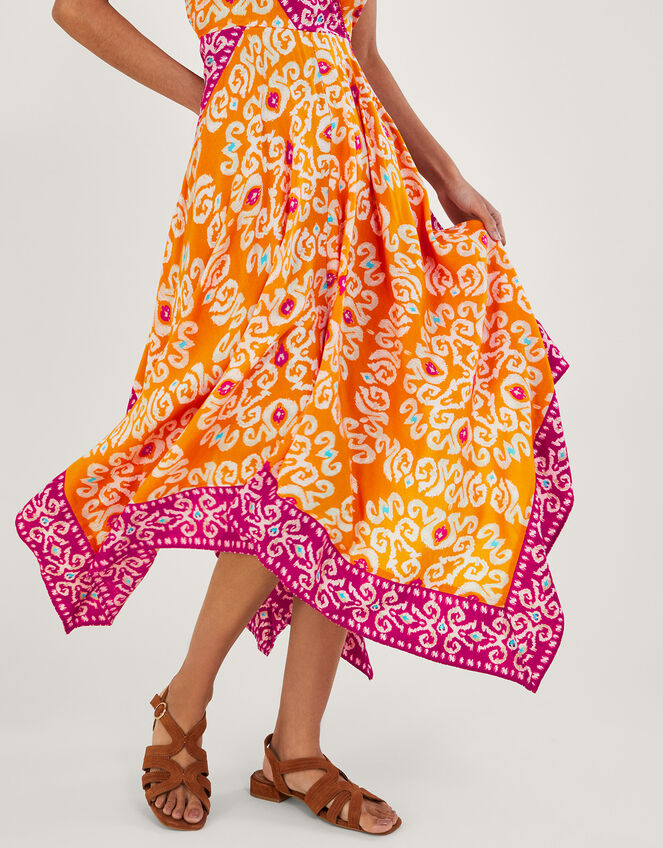 Bandhani Print Hanky Hem Midi Dress in LENZING™ ECOVERO™ , Orange (ORANGE), large