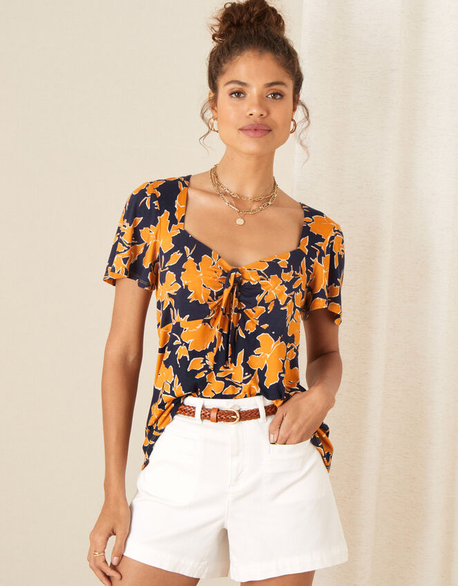 Floral Tie Front Jersey Top, Blue (NAVY), large