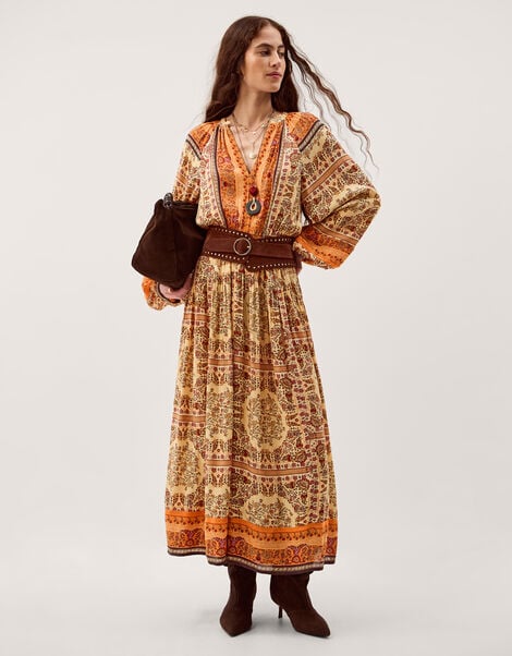 Ines Floral Print Midi Dress, Natural (STONE), large