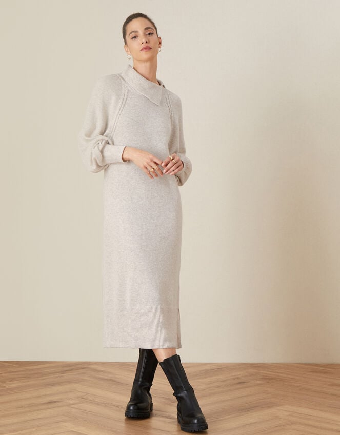 Plain Split Neck Dress, Camel (OATMEAL), large
