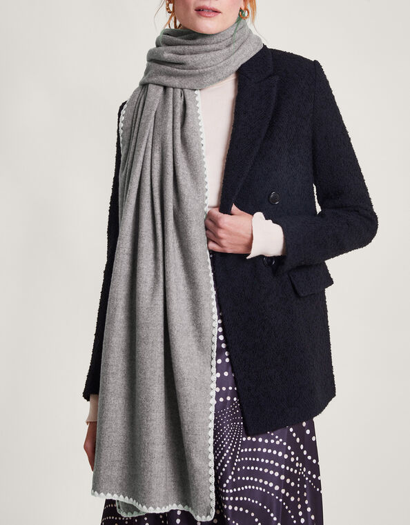 Embroidered Scallop Soft Touch Scarf, Grey (GREY), large
